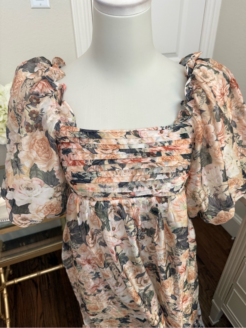 Floral Maxi Dress with Puff Sleeves - Cream & Green - Picture 3 of 8